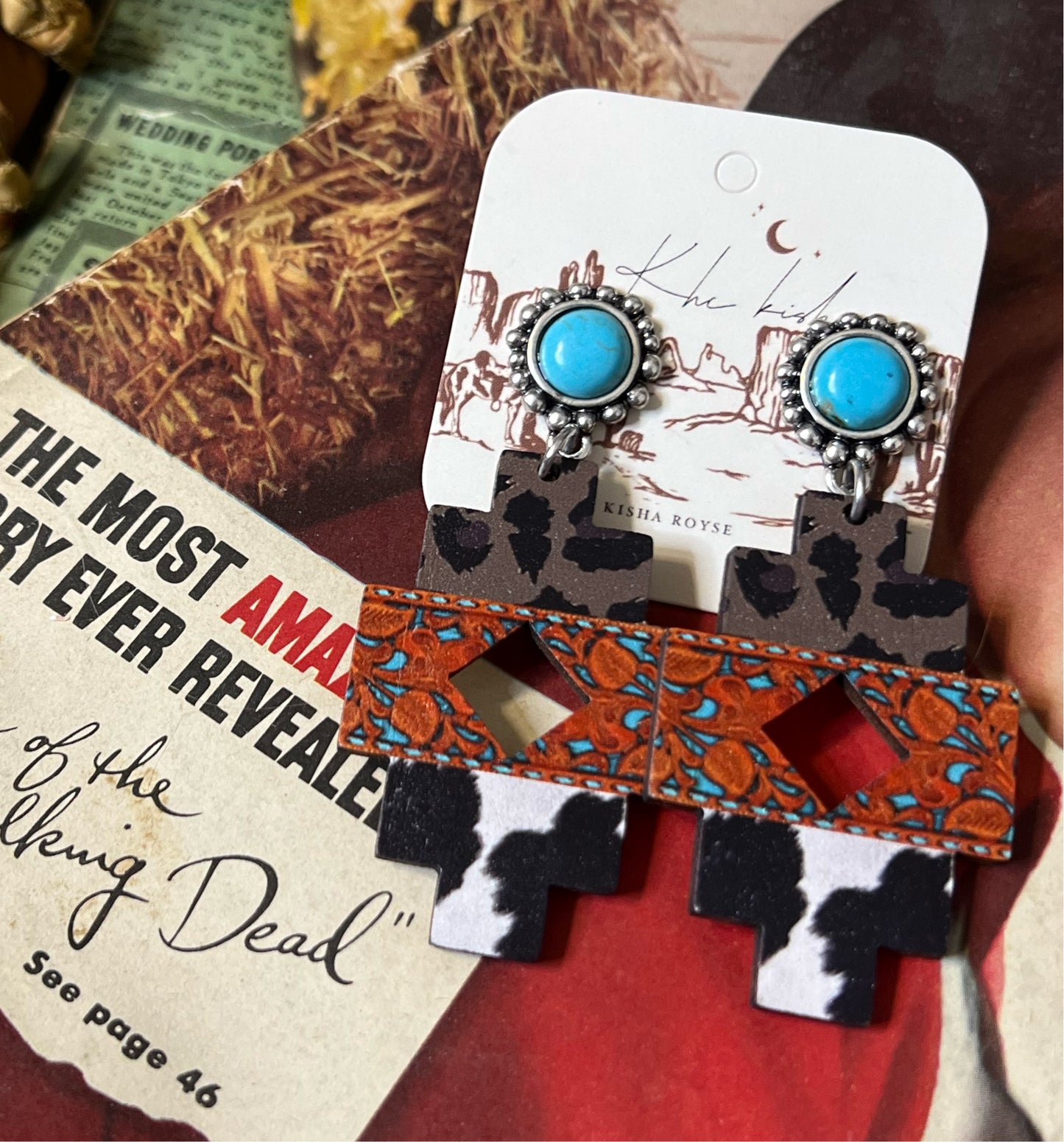 Rusty Cow Print Turquoise Stud