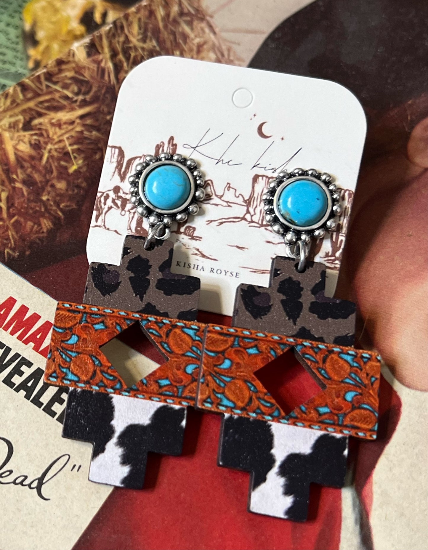 Rusty Cow Print Turquoise Stud